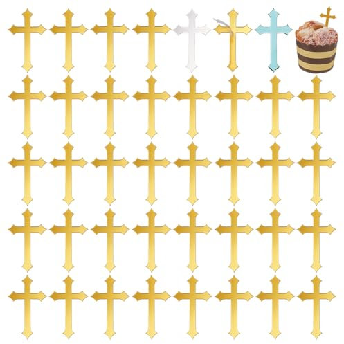 FINGERINSPIRE 40 Pezzi Topper per Cupcake A Forma di Incrocio con Specchio Dorato 50x30mm In Acrilico A Forma di Croce per Battesimo per Decorazioni Battesimali Babyshower Compleanno