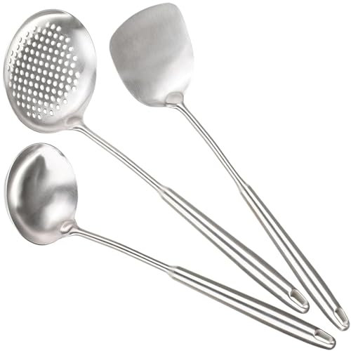 Berglander Juego de espátulas para wok, utensilios de cocina de acero inoxidable - Herramientas para wok de 17: espátula, cuchara, colador