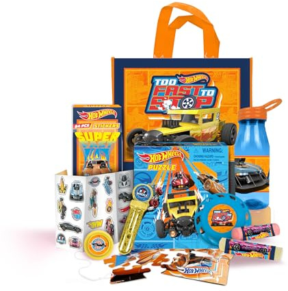 Hot Wheels Easter Tote Bag Gift Set - Tote Bag, 24-Piece Puzzle, Water Bottle, 64-Piece Sticker Pack, Yo-Yo, Bubble Wand, Chalk Set, Flying Disc (Frisbee)