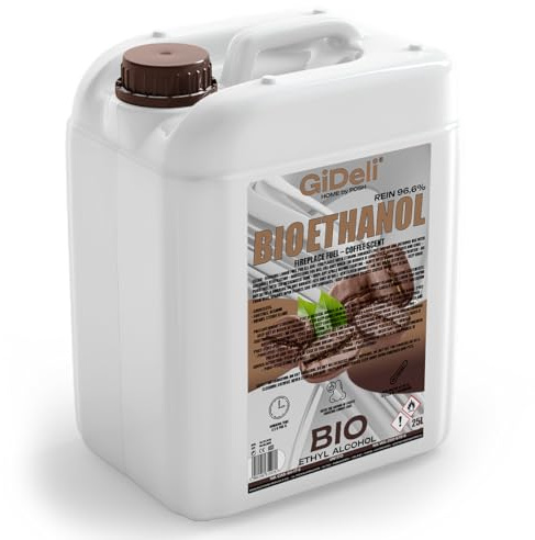 GiDeli Bioetanolo 25 l profumo di caffè 96,6% etanolo per camini interni ed esterni, senza fumo e fuliggine, da mais e barbabietola da zucchero
