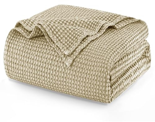 Talasily 100% Cotton Waffle Blanket Throw Blanket for Sofa - Double Size Blankets for Bed, Soft Lightweight Breathable Bed Blanket, Home Decor Gift Blanket 150 x 200cm, Khaki