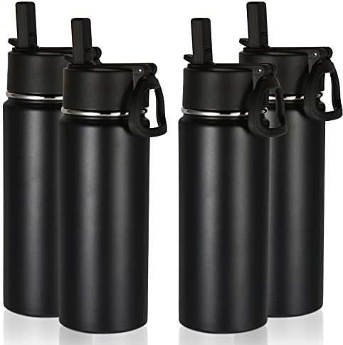 Volhoply 500 ml oisolerade enväggiga vattenflaskor 4-pack, sportvattenflaska i rostfritt stål med handtag, BPA-fri 18/8 304 återanvändbara flaskor (svart, 4)