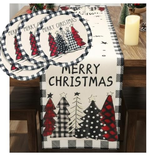 Camino de Mesa Navidad , 183 X 33 cms. Set 5 Piezas Incluye 4 Manteles Individuales Redondos 38 cm. Decoración de Navidad, Cena Navideña .