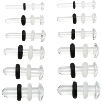 Veloxium 6 par svarta och klara säkra glaspluggar för döda stretchkit, släta glasmätare enkla utsvängda örontunnlar med O-ringar i silikon, bekvämt öronmätarkit, 14G 12G 10G 8G 6G