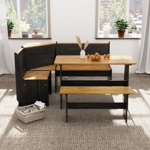 GAINUO Black Breakfast Nook Table Set – L-Shaped Corner Dining Table with Bench Seating, Kitchen Nook Booth Banquette, Space-Saving Corner Dining Furniture for Apartment or Dining Room