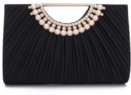 OPLERT Pochette de Soirée Plissée avec Poignée Métallique Ornée de Perles et Chaîne pour Mariage
