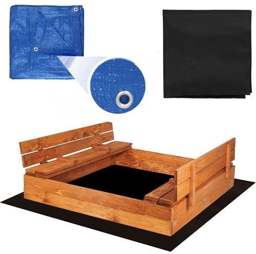Springos Sabbiera in legno, 120 x 120 cm, impregnazione ecologica a base d'acqua, bordi arrotondati, inclusi geotessile e telone, tavole stabili da 18-20 mm, montaggio fai da te, prodotto in Polonia
