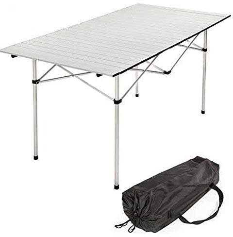BAKAJI Tavolo Tavolino Camper Campeggio Picnic in Alluminio Pieghevole Top Arrotolabile Salvaspazio e leggero, ideale per Sagre Fiere Giardino Casa (140 x 70 cm)