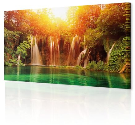 decomonkey - Impression sur Toile Paysage 150x50 1 Pièce - Tableau Décoration Appartement Déco Salon Peinture sur Toile Arbres lac coloré paysage forêt nature cascade coucher de soleil