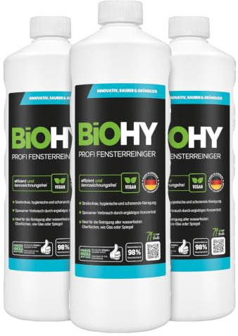 BiOHY Professionell fönsterrengöring (3 x 1l flaska) | Koncentrat av glasrengörare, perfekt för alla FÖNSTERVAKUUM, Kärcher, Leifheit, etc. (Fensterreiniger)