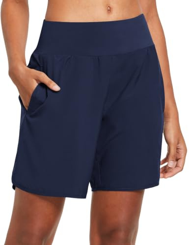 BALEAF Löparshorts för kvinnor, 2 i 1 gymshorts med hög midja, snabbtorkande med blixtlåsfickor baktill för yoga träning, Marinblått Xsp, XXL