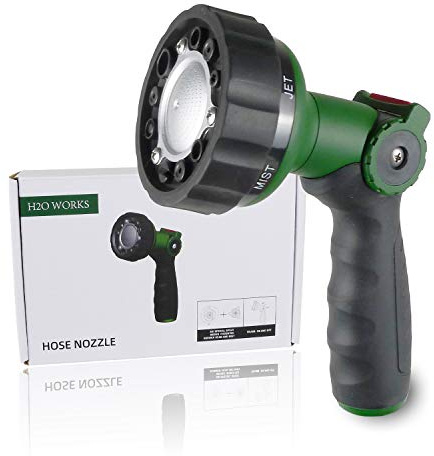 H2O WORKS Garden Hose Nozzle Thumb Control Heavy Duty Metal Water Nozzle with Adjustable Watering Patterns High Pressure Hose Nozzle Sprayer, Pefect for Car Washing and Pets Showering