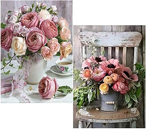 Pinenuts Diamant Malerei Kits, 2 Pack Rose & Blume 5D Diamond Painting nach Zahlen, Diamant Malerei Bilder Arts Craft Set mit Zubehör für Haus, Wand und Eingang Dekoration (30x40cm, Rose & Blume)