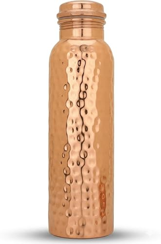 Craft Trade Copper Water Bottle Pure Copper Bottle with Lid Leak Proof BPA Free Hammered Drinking Bottle for Sport Fitness and Yoga - 1 Litre Natural