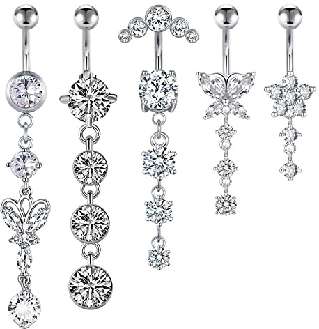 LAURITAMI 14G Dangle Belly Button Rings Surgical Steel Dangling CZ Belly Rings for Women Silver Rose Gold Belly Button Piercing Jewelry Silver