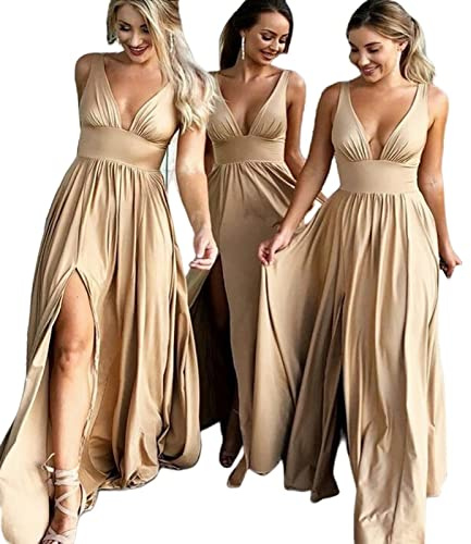 BUJNIE Robe de Demoiselle d'Honneur Fendue sur le Côté Col en V Champagne Doré - Longue Robe Élégante pour Femme pour Fête de Mariage - Grande Taille