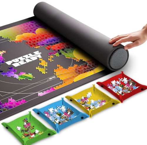 Puzzle Ready Puzzlematte zum Aufrollen – 116,8 x 74,9 cm Puzzlematte, tragbar, bis zu 1500 Puzzles, 4 Puzzle-Sortierschalen, Aufbewahrungstasche, Schaumstoffrollrohr, 3 Klettverschlussriemen