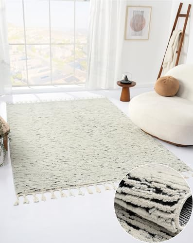 MY-RUG Teppich Leah rechteckig schwarz-weiß 140 x 200 cm 3D Teppich Wohnzimmer im Boho-Stil Cut-&Loop, Moderne Fransen-Teppiche Schlafzimmer Hochflor, Esszimmerteppich Abstrakt