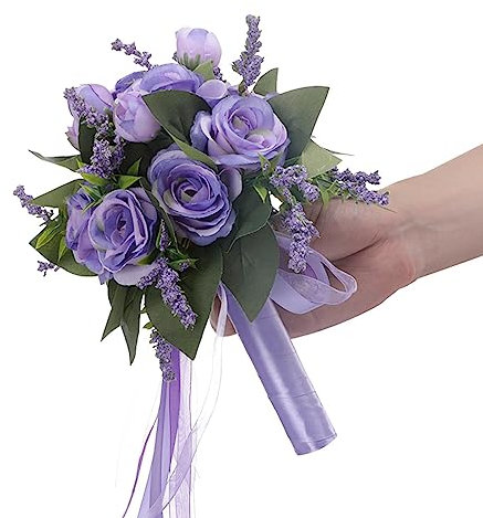 URMAGIC Wedding Bouquets for Bride Bridesmaid,26cm Artificial Bridal Bouquet with Ribbon,Bridesmaid Bouquets,Floral Wedding Centerpieces,Wedding Party Decor,Hand Holding Flower Bouquet (Purple)