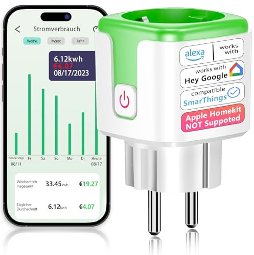 SURFOU Wlan Steckdose Funktioniert mit Alexa und Google Home, 2.4 Ghz Wifi Smart Plug 16A mit App Steuerung, Zeitschaltuhr, Sprachsteuerung, Fernzugriff, Kein Hub Notwendig, Strommessung (grün)