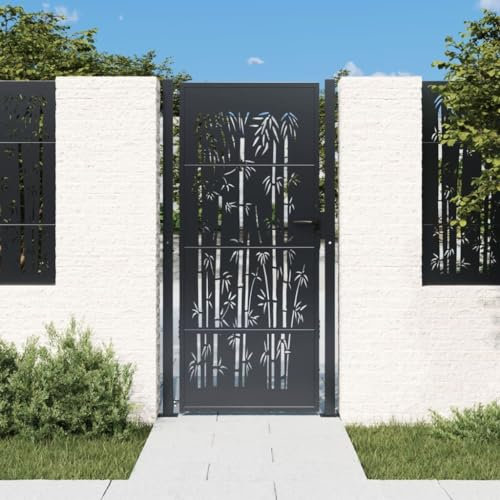 Homgoday Garden Gate, Metal Gate, Garden Gate, Fence Door, Entrance Gate, Yard Gate, Single Gate, Double Gate, Garden Fence, Anthracite, 105 x 180 cm, Steel, Bamboo Design