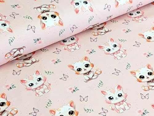 Eigenproduktion Baumwolljersey Katzen Kind mit Schmetterlingen Hellrosa Stoff Meterware Kleiderstoff