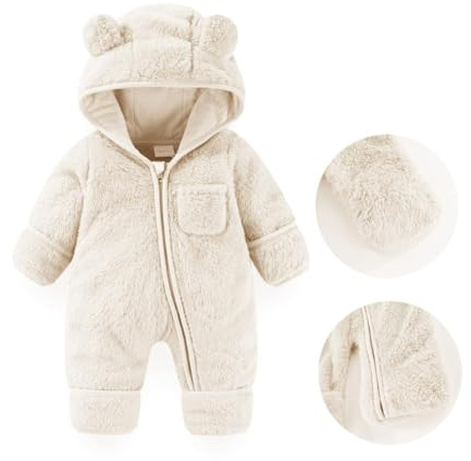 Fairy Baby Baby Snowsuit, Newborn Baby Bear Hooded Footed Romper Fleece Snowsuit Cartoon Flannel Zipper Jumpsuit Fall Winter Outfits White 59CM