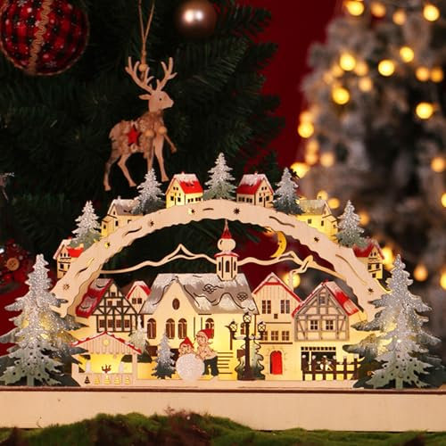 DZAY Weihnachtsdeko Weihnachtsdorf mit Beleuchtung,Schwibbogen Weihnachten Holz Weihnachtshaus Weihnachtsstadt Weihnachtshäuser,Fensterbeleuchtung Christmas Village Weihnachtsbeleuchtung Innen (01)