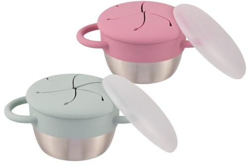 Elk and Friends Stainless Steel Snack Cups – Pack of 2 | Removable Silicone Food Catcher and Travel Lid | Spill-Proof Snack Containers for Baby, Toddler, Kids | Dishwasher Safe, Food Grade Silicone