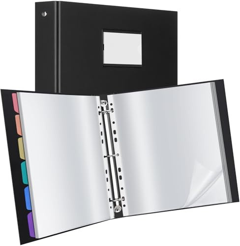 Uquelic Raccoglitore documenti con 100 Buste Perforate Trasparenti A4 e 6 pagine divisorie colorate in PP, cartelle portadocumenti in cartone per documenti, certificati, ricevute, nero