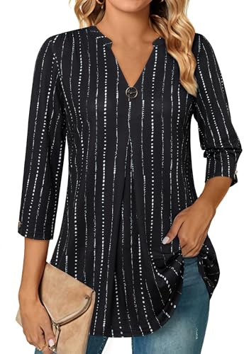 Gaharu Tunique pour femme à manches 3/4 élégante avec col en V, haut fluide décontracté, Rayé noir, XL