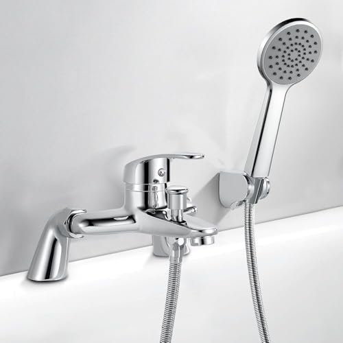 Zjyufy Bath Tap and Basin Mixer Tap Set, Bathtub Faucet Deck Mount Tub Filler Mixer Tap with Handheld Shower Head for Bathroom