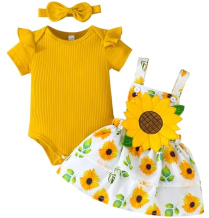 UUAISSO Vestiti per Neonata Top con Volant Gonne con Bretelle a Girasole e Fascia per Capelli Abiti Estivi Giallo 12-18 mesi