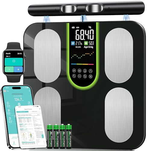 Körperfettwaage Personenwaage Digital 8-Elektroden Bluetooth App Smart Körperanalysewaage, 58 Körperdaten Fett, Muskel, Protein, BMI, BMR, Großes Display, Gehärtetes Glas, 180kg/400lbs, 24 Benutzer
