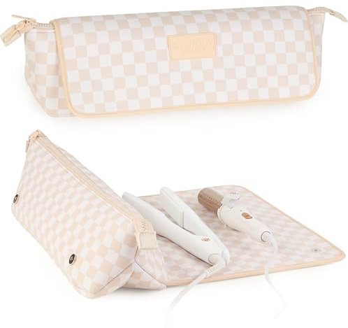 BAREFOOT CARIBOU Hair Tools Travel Bag and Heat Resistant Mat (15.5) for Flat Irons, Straighteners, Curling Iron,and Haircare Accessories, 2-in-1 design, Interior Pockets, Organizer (Checkered Peach)