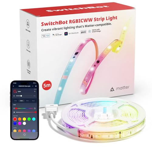 SwitchBot RGBICWW LED Strip 5M, 72LEDs/m Matter LED Streifen Kompatibel mit Apple Home, Alexa, Google Home, 16 Millionen Farben, Musik-Sync, Indirekte Beleuchtung, LED Leiste für Schlafzimmer, TV