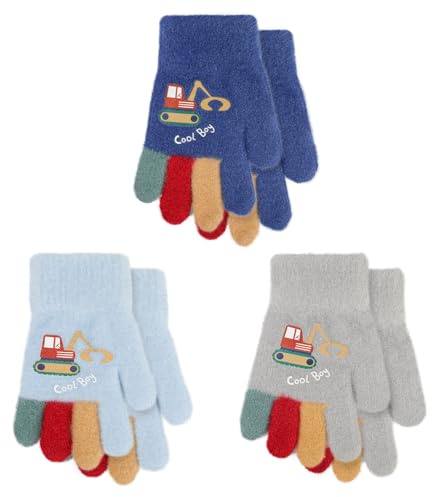 QKURT 3 par magiska handskar för barn, kalla säkra vinterhandskar unisex elastiska helfinger handskar med grävmaskin mönster 3–5 år