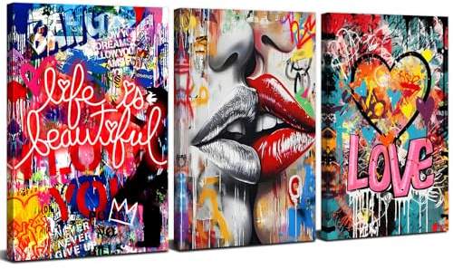 AREBOLO 3 Piezas cuadros de banksy arte mural en lienzo pinturas abstractas y coloridas de grafitis mural beso romántico impresión arte pop calle póster amor para decorar el dormitorio o salón 12x16”