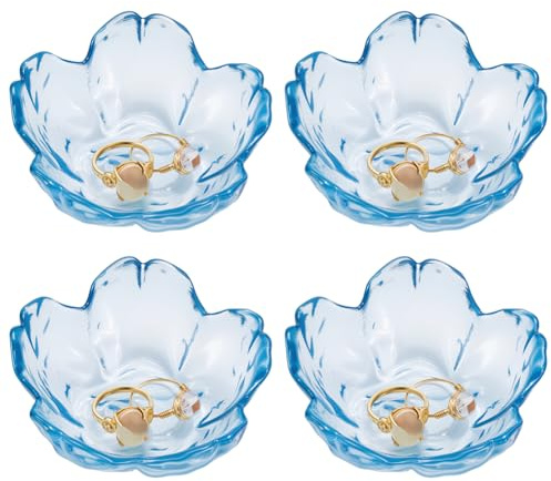 PLIGREAT 4 pièce de Coupelle à Bijoux en Forme de Fleur Bleue Plateau Verre Petit Plateau à Bijoux en Forme de Fleur pour Clés Boucles D'Oreilles Bagues Vanité Décoration de Chambre