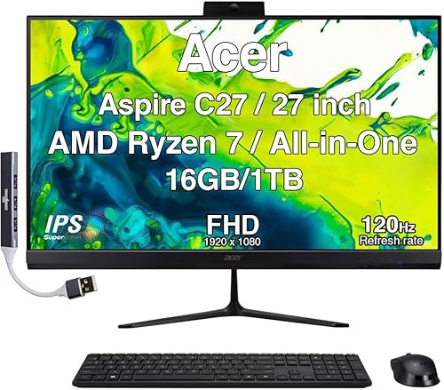 acer Aspire 27 All-in-One Desktop, 27 IPS FHD Display, AMD Ryzen 7 5825U (Ryzen 7 5000 Series), 16GB DDR4, 1TB SSD, Wi-Fi 6E, Webcam, Bluetooth 5.3, Windows 11 Home, with DKZ USB Port Expander