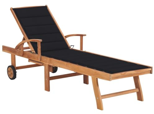 WGYHOME Lettino prendisole con cuscino nero, in legno massello teak, 195 x 59,5 cm, schienale regolabile (4 livelli), resistente alle intemperie, per giardino, terrazza, piscina ed esterni