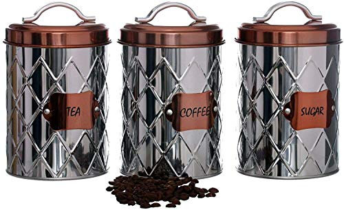 Retro Tea Coffee Sugar Canisters Jars Air Tight Lids Kitchen Storage Set of 3 (S/Steel Copper OP177, Stainless Steel)