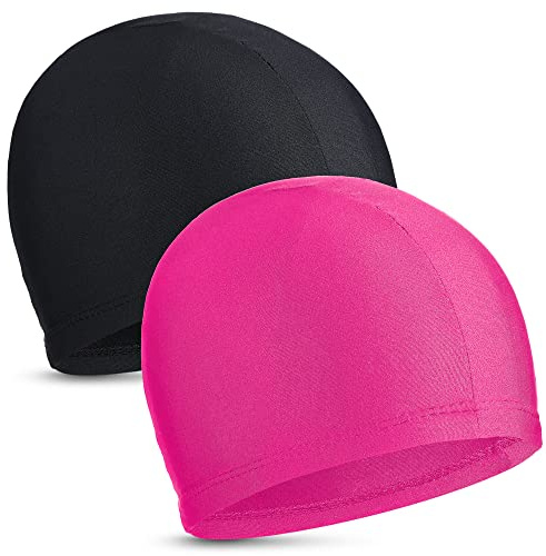 2 Pezzi Cuffie da Nuoto Elastiche Comodo Cappello da Nuoto in Tessuto Cuffie da Bagno Leggere per Donne Uomini Bambini Mentre Nuotano (Nero, Rosa Rossa)