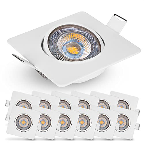 EMOS LED Einbaustrahler 230V, 5W / 450lm, 50° schwenkbar, Deckenspots warmweiß 3000k | Einbaustrahler Led Spot flach 68mm Lochmaß | Set mit 12 Stück LED Spots 230V, Einbauleuchten eckig (Farbe weiß)