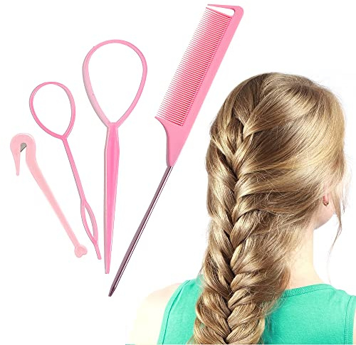 4Pcs Topsy Tail Hair Tool With Rat Tail Comb, Ponytail Loop Bands Remover Cutter - Fast Styling Accessories for Braiding