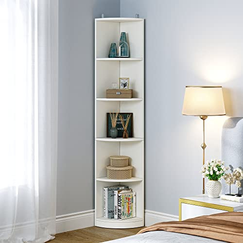 YITAHOME 5-Tier Corner Shelf, 30x30x180cm Modern Free Standing Corner Bookshelf, 5 Shelf Display Corner Bookcase and Bookshelves,Wooden Open Storage Book Shelves for Living Room, Home Office, White