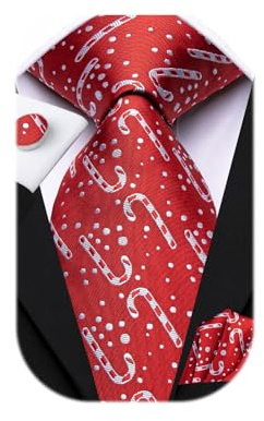 Dubulle Mens Christmas Tie Set Snowflake Santa Tree Neckties for Men Pocket Square Cufflinks Festival Party,Reds