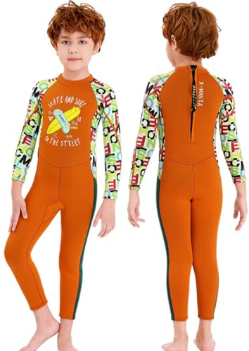 WYYHAA Kids Wetsuit for Boys Girls Toddlers, 2.5Mm Neoprene UPF 50+ Back Zip Diving Suits, Full Body Keep Warm Swimsuits for Swimming Surfing,Boys Orange,L
