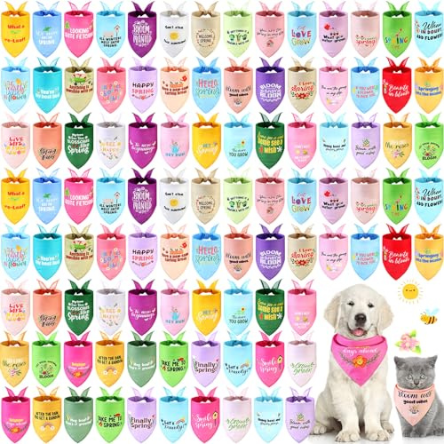 Clysee 100 Pcs Spring Dog Bandana Bulk with Sayings Pet Triangle Scarf Bibs Washable Puppy Kerchief Adjustable Grooming Supplies for Small Medium Large Dog Cat Costume Accessories