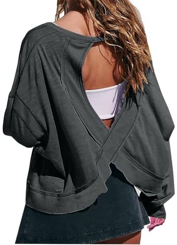 Zeiayuas Backless Tops for Women UK Open Back Workout Top Backless Long Sleeve Athletic Shirt Running Crop Top Gym Yoga Tee Shirt Ladies Casual Loose Fit Pullover Blouses